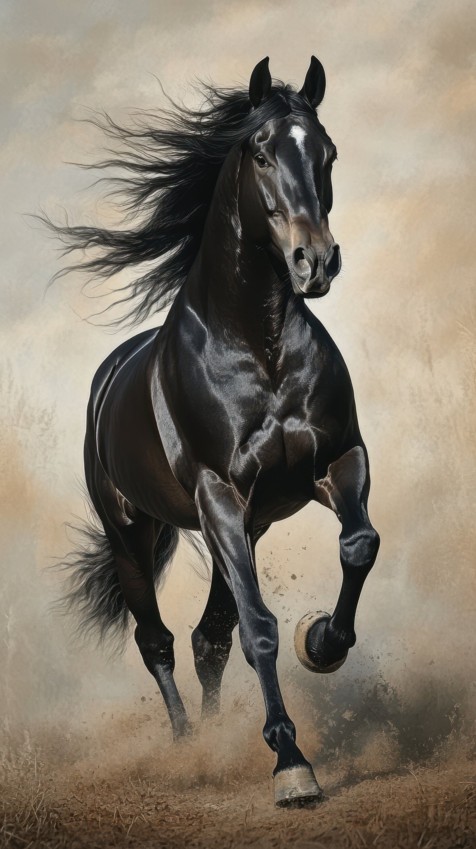 Majestic black horse running across a sandy landscape at dusk with wind-swept mane and powerful stance